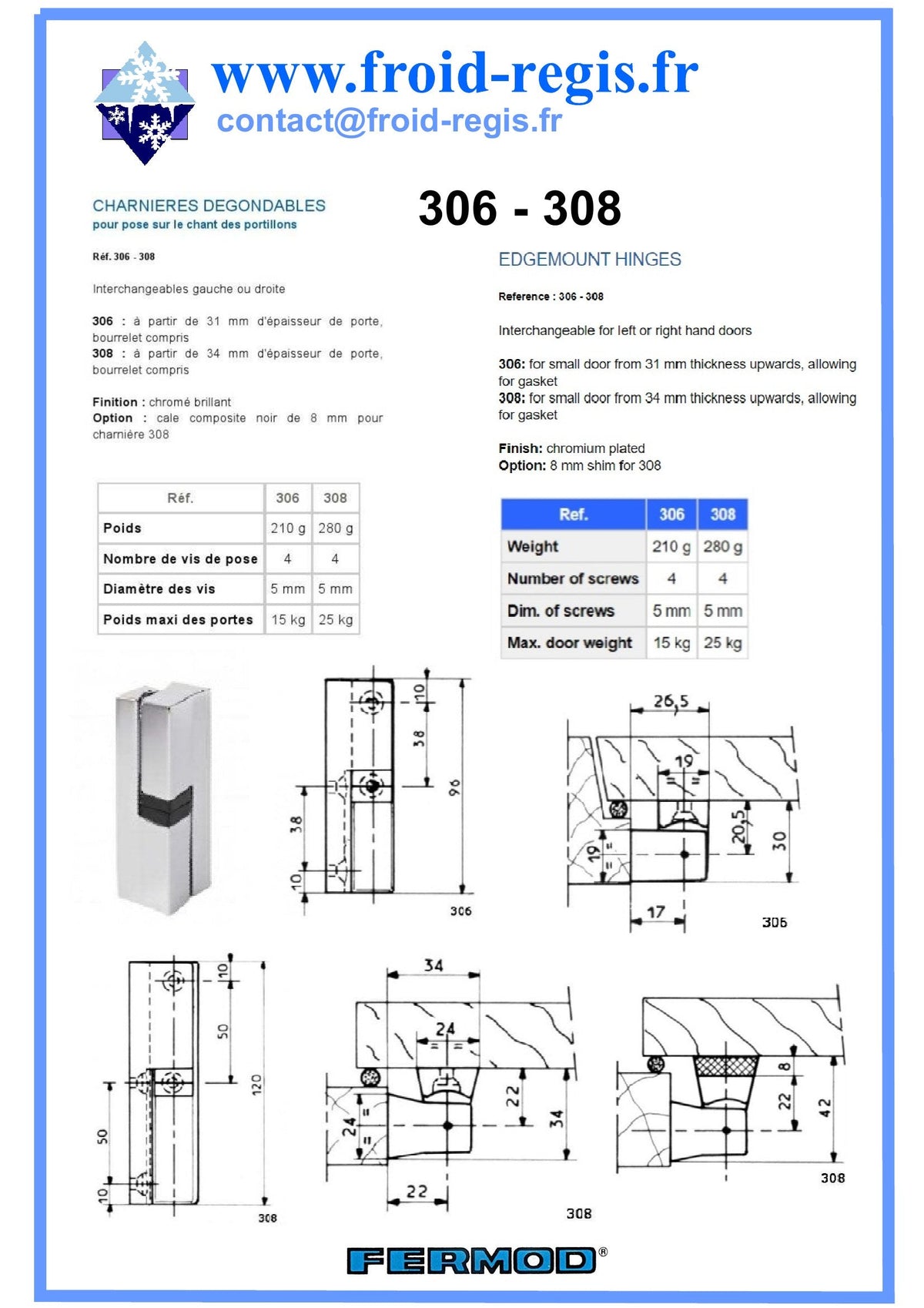 Fiche technique Charnières 306 - 308 – Fermod