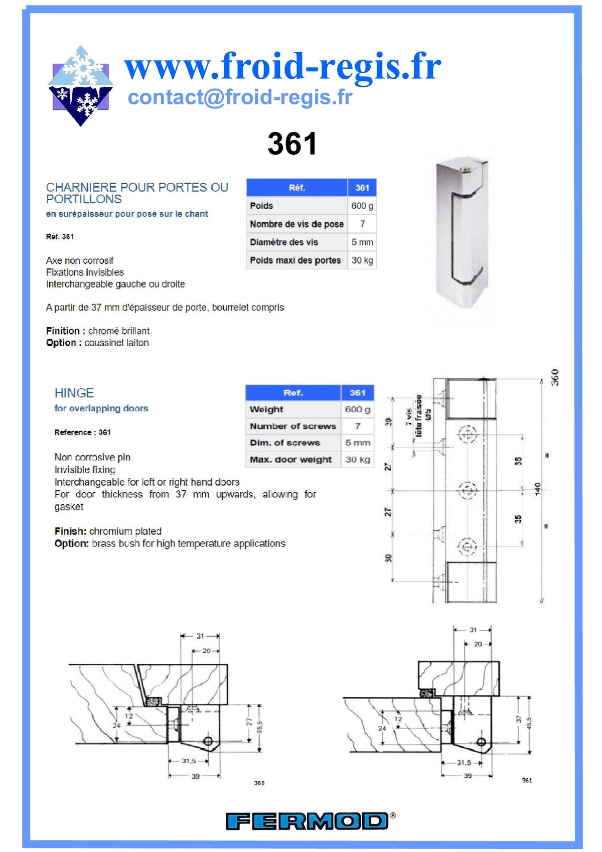 Fiche technique Charnières 360 - 361 – Fermod