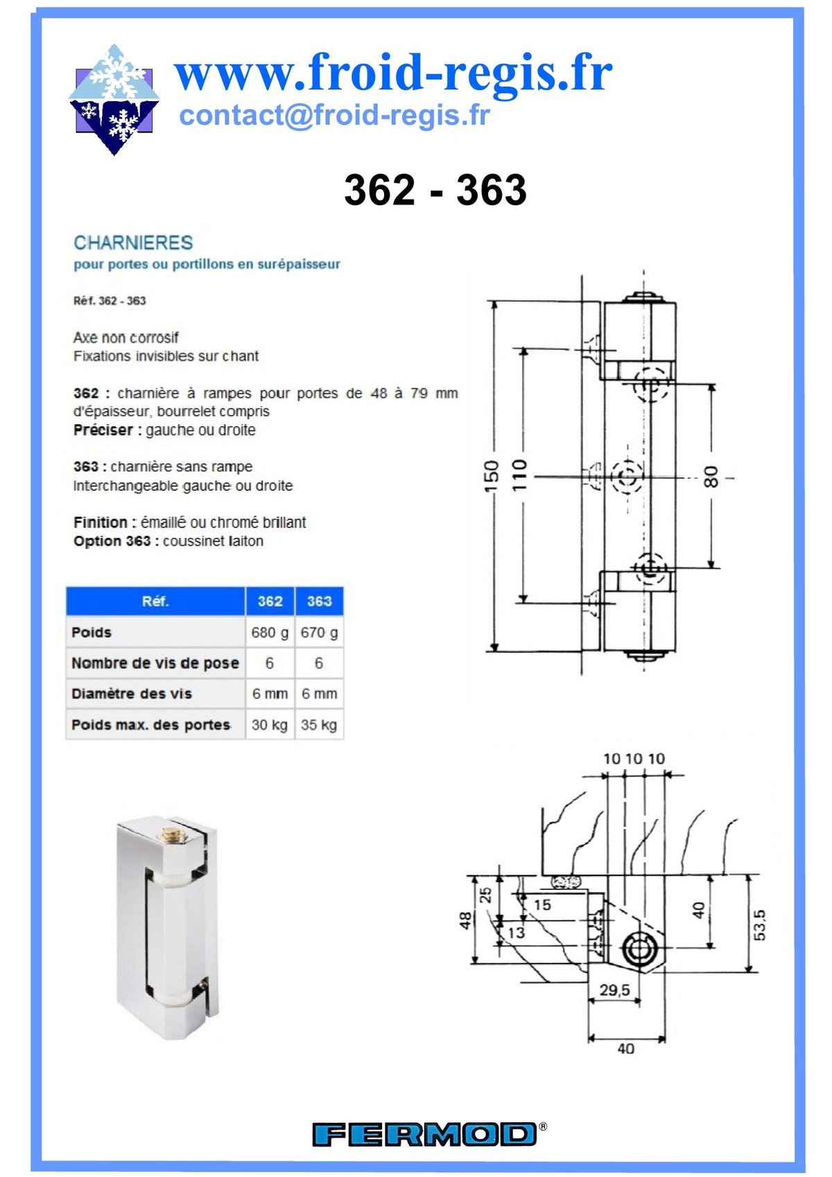 Fiche technique Charnières 362 - 363 – Fermod