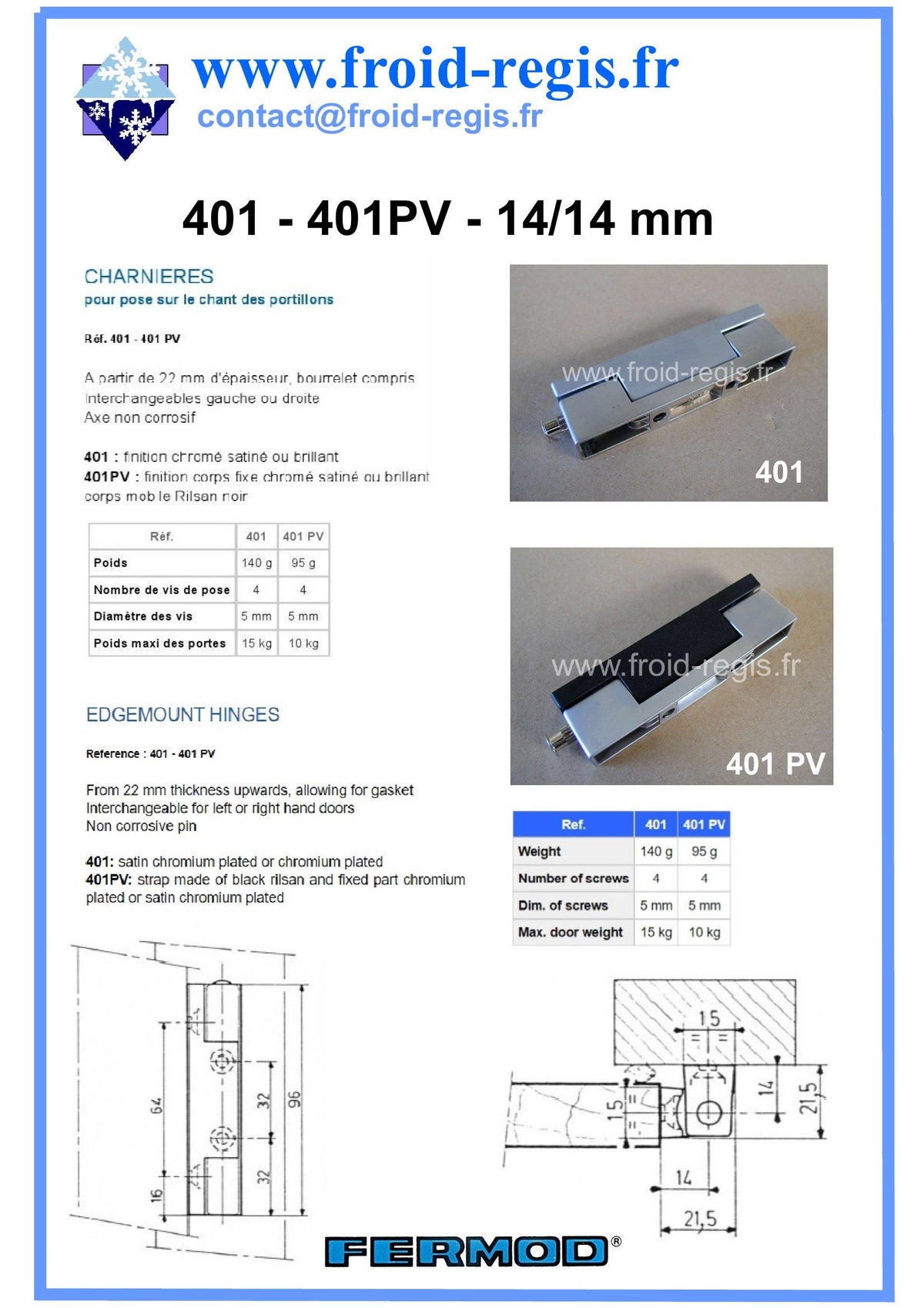 Fiche technique Charnières 401 - 401PV – Fermod