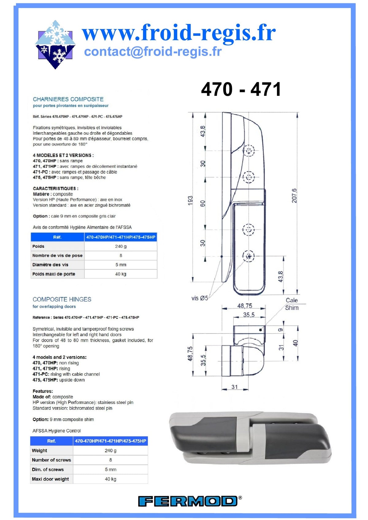 Fiche technique Charnières 470 - 471 – Fermod