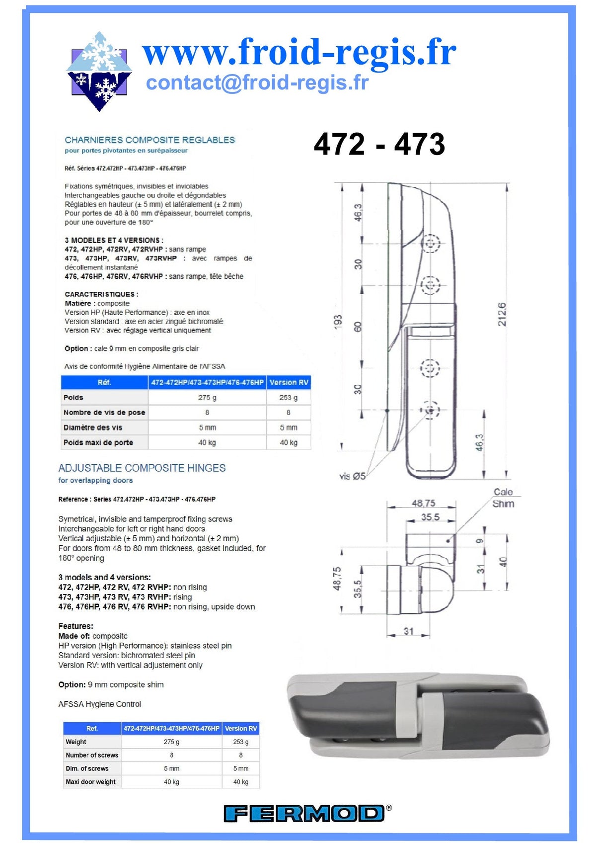 Fiche technique Charnières 472 - 473 – Fermod