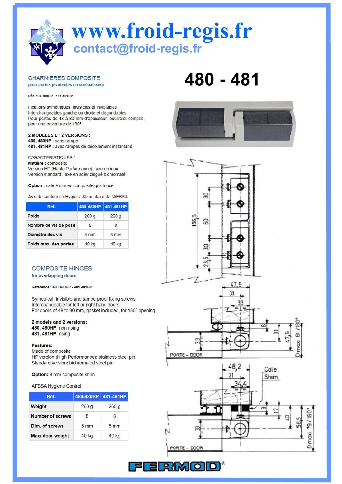Fiche technique Charnières 480 - 481 – Fermod