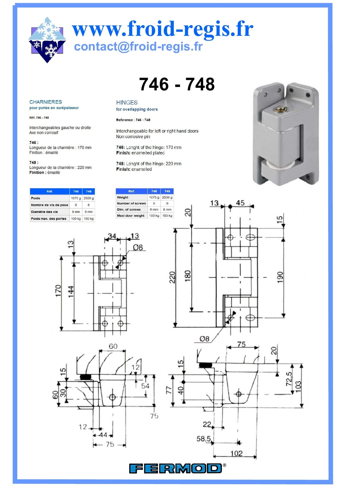 Fiche technique Charnières 746 - 748 – Fermod
