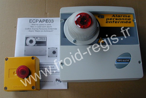 ALARME-CHF Alarme personne enfermée pour chambre froide coffret extérieur avec voyant et signal sonore coup de poing lumineux intérieur Alim 230V + batterie de secours incorporé autonomie de 14 h: